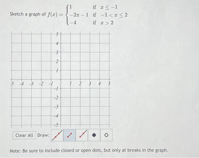 Solved Sketch a graph of f(x)=⎩⎨⎧1−2x−1−4 if x≤−1 if −1 | Chegg.com