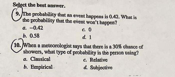 Solved Select the best answer. 9. The probability that an | Chegg.com