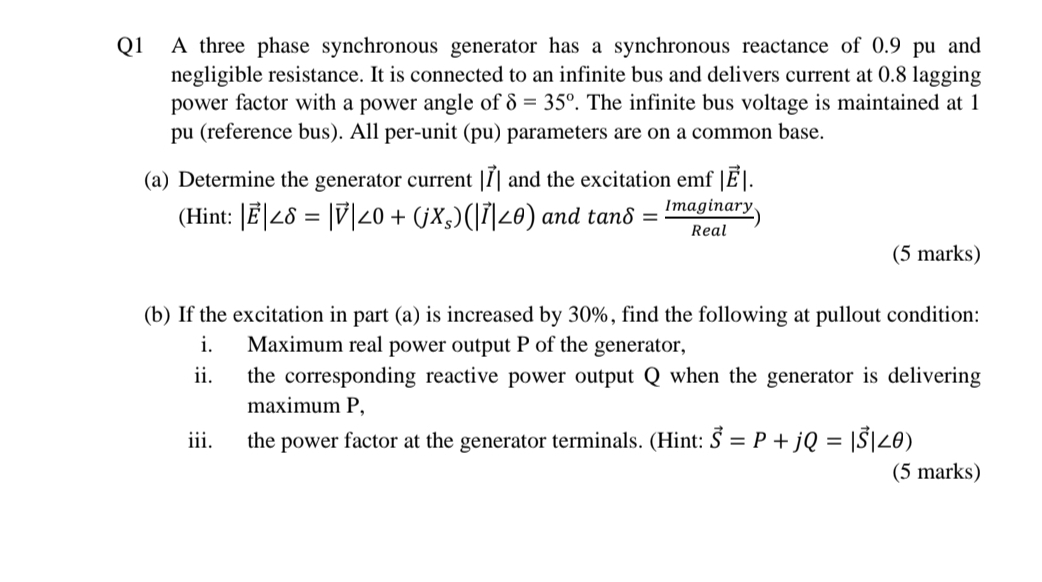 Solved Q1 ﻿A three phase synchronous generator has a | Chegg.com