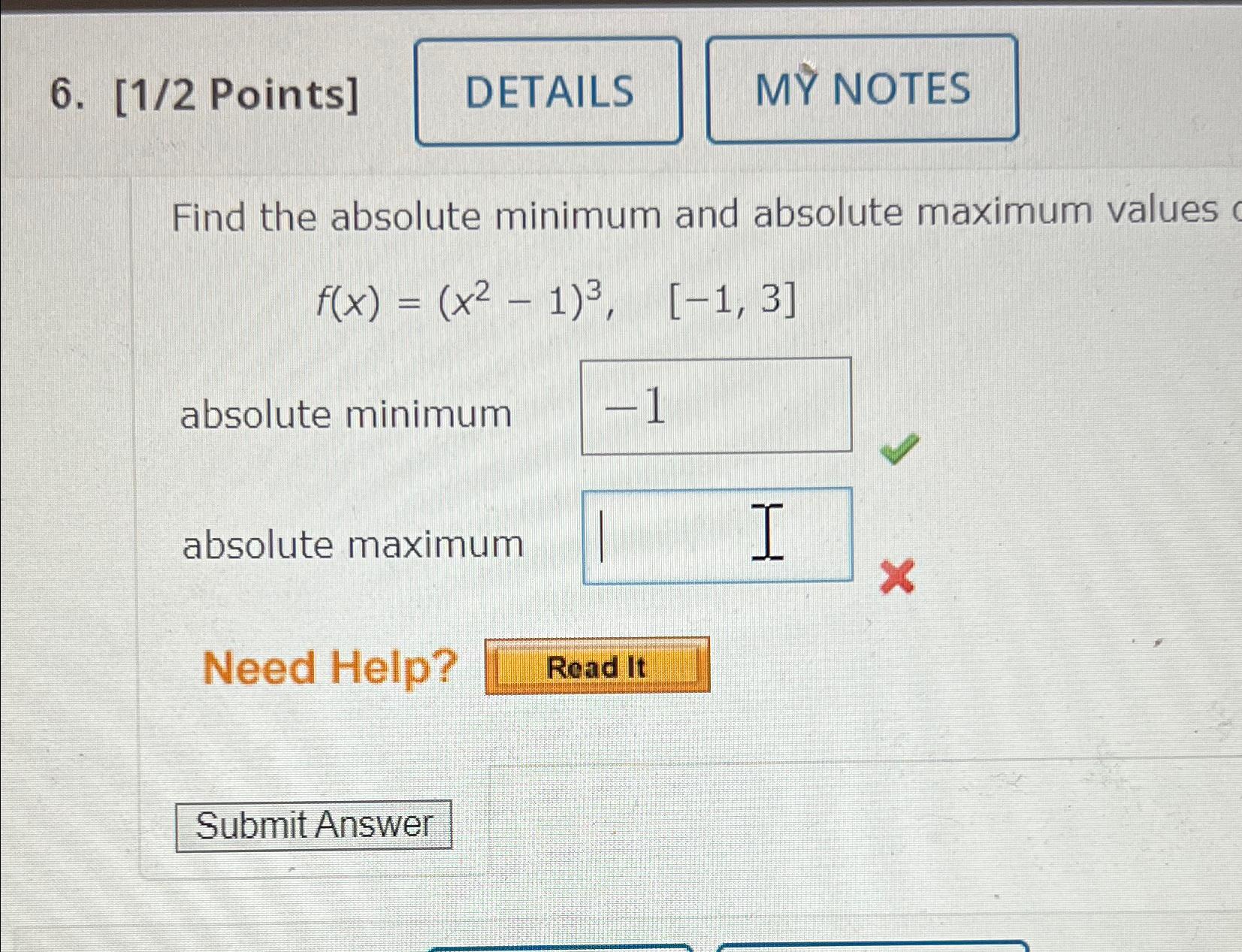 Solved Points]Find the absolute minimum and absolute maximum | Chegg.com