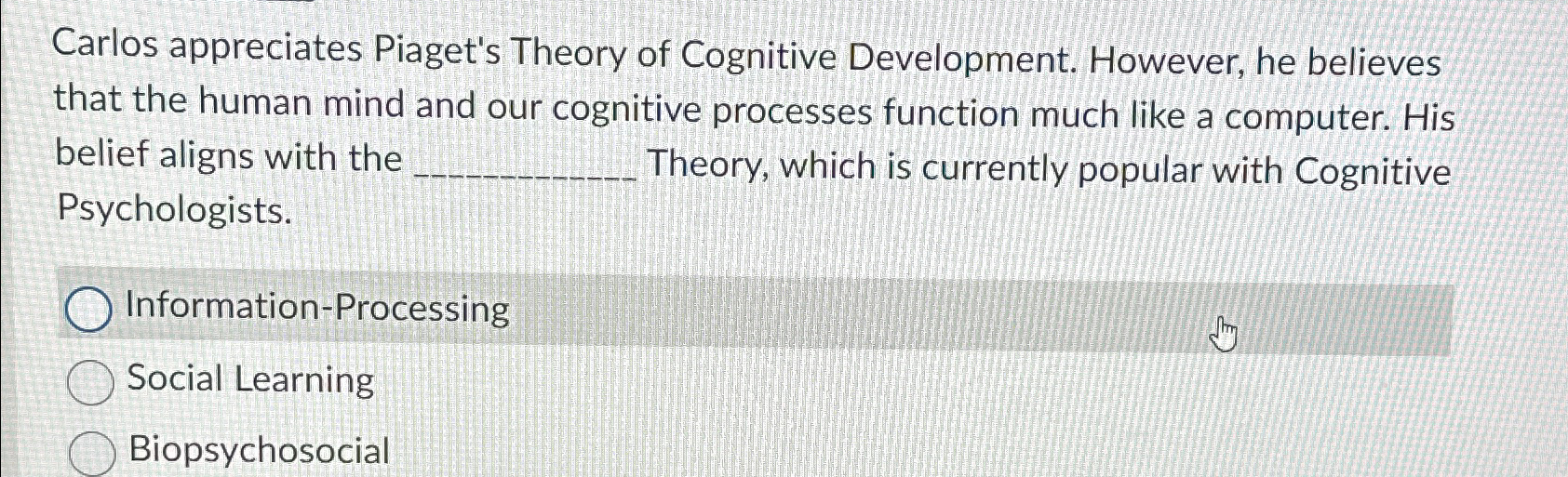 Solved Carlos appreciates Piaget s Theory of Cognitive Chegg