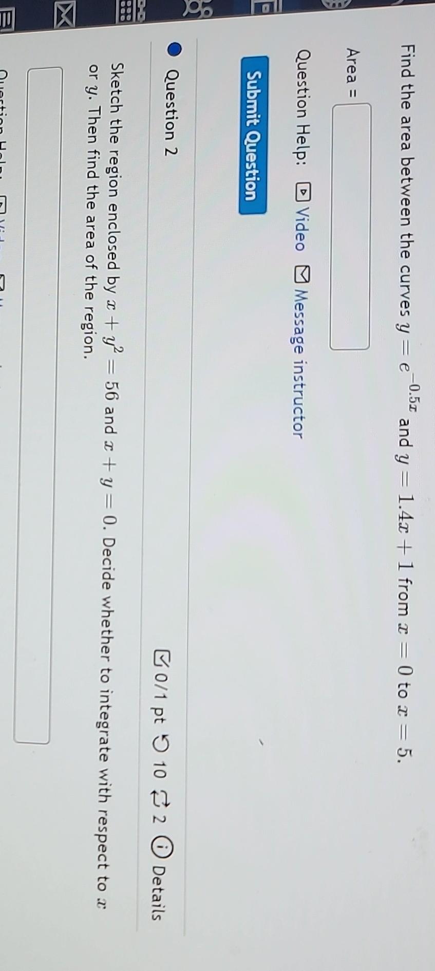 solved-find-the-area-between-the-curves-y-e-0-5x-and-chegg