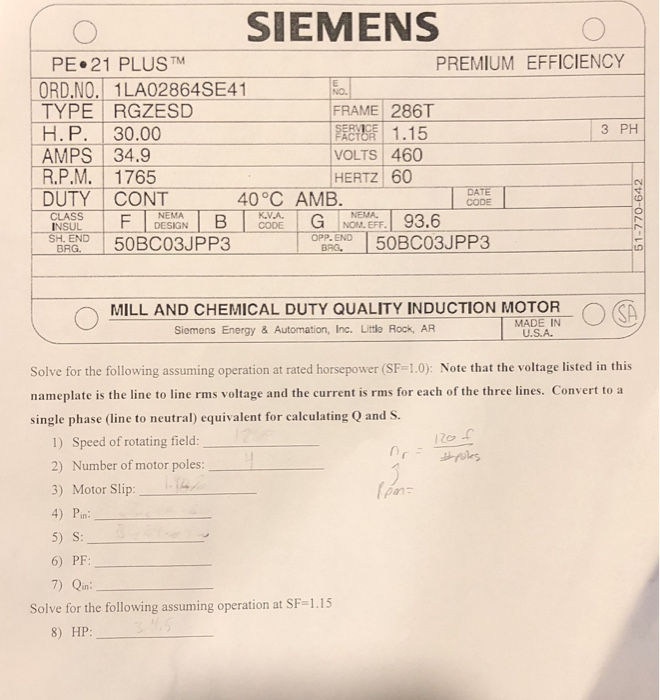 Solved Siemens Pe 21 Plus Premium Efficiency Ord No 1la Chegg Com