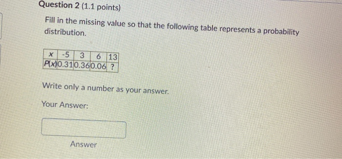 Solved Question 2 (1.1 points) Fill in the missing value so | Chegg.com
