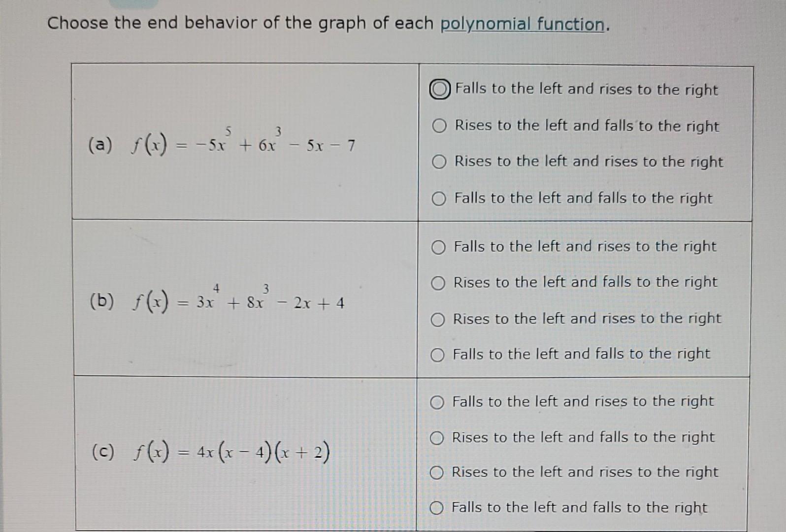 Solved Choose the end behavior of the graph of each | Chegg.com