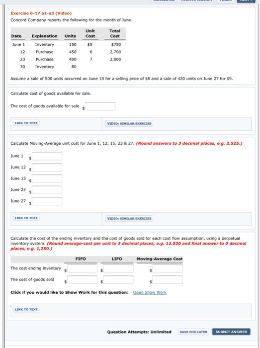 Solved Exercise 617 a1a3 (Video) Concord Company reports