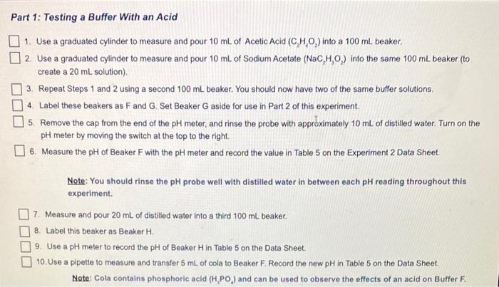 Part 1: Testing a Buffer With an Acid 1. Use a | Chegg.com
