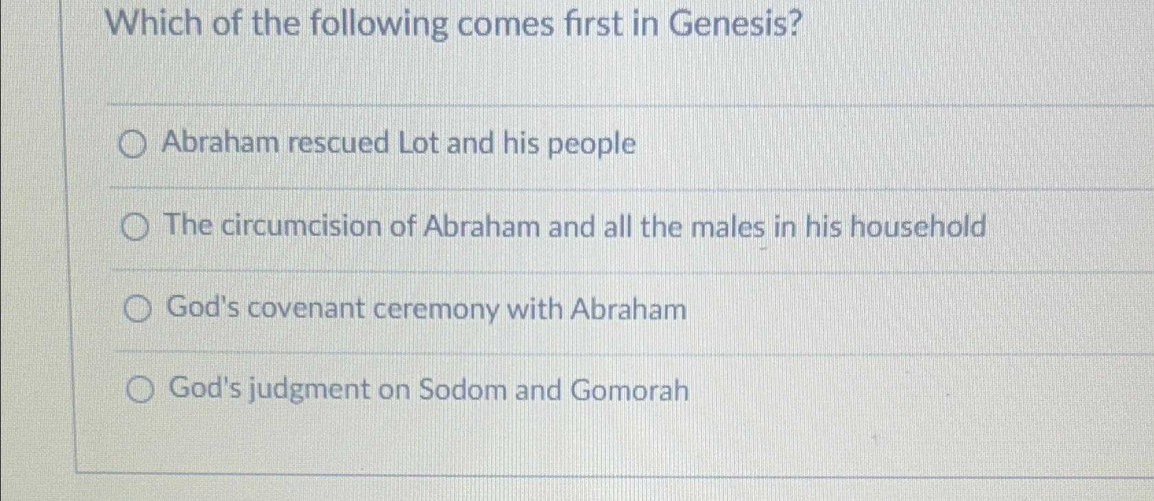 Solved Which of the following comes first in Genesis?Abraham | Chegg.com