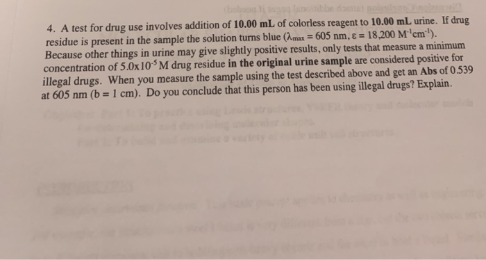 Colorless Reagent 4. A test for drug use involves addition of 10.00 mL | Chegg.com