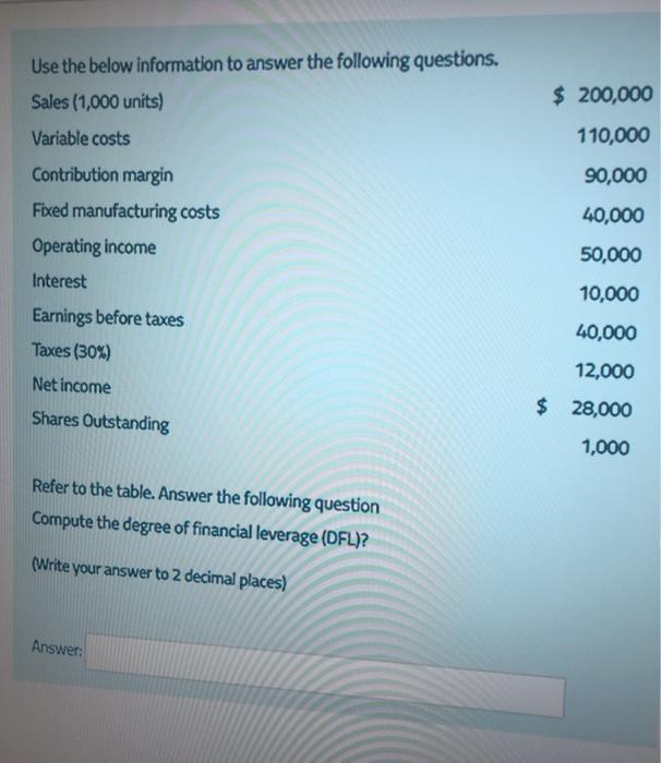 Solved Use the below information to answer the following | Chegg.com