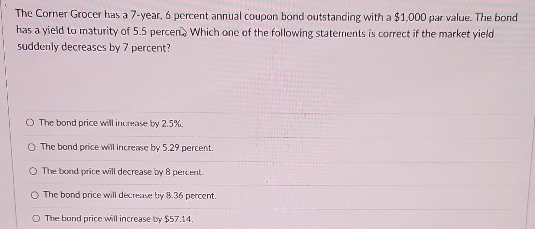 Solved The Corner Grocer has a 7 year, 6 percent annual