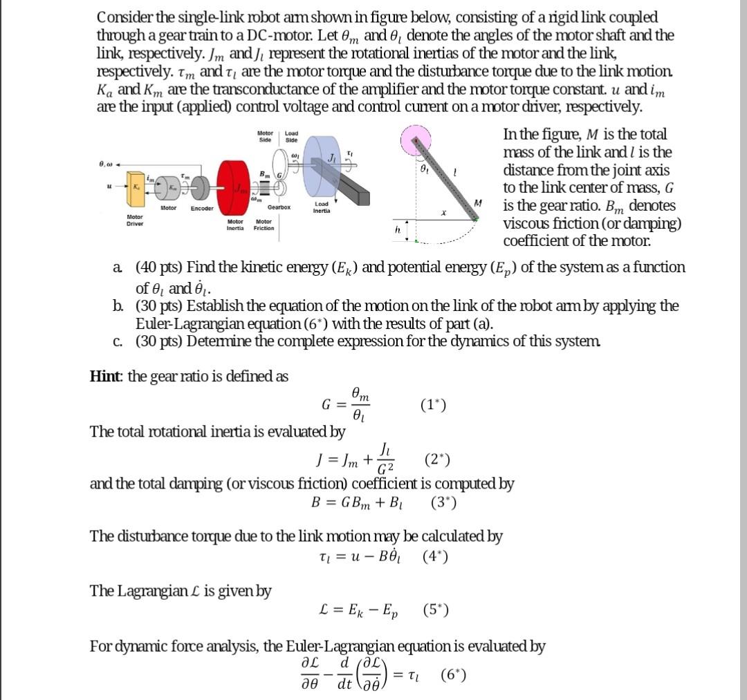 Consider the single-link robot arm shown in figure | Chegg.com