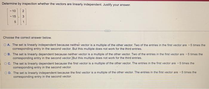 Solved Determine by inspection whether the vectors are | Chegg.com