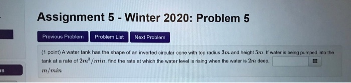 Solved Assignment 5 - Winter 2020: Problem 5 Previous | Chegg.com