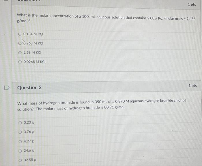 Solved What is the molar concentration of a 100. mL aqueous | Chegg.com