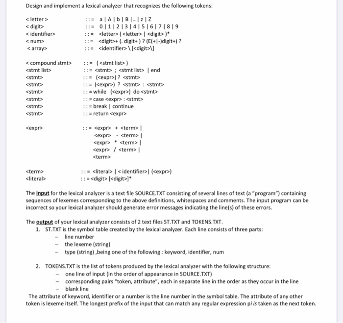 Design And Implement A Lexical Analyzer That