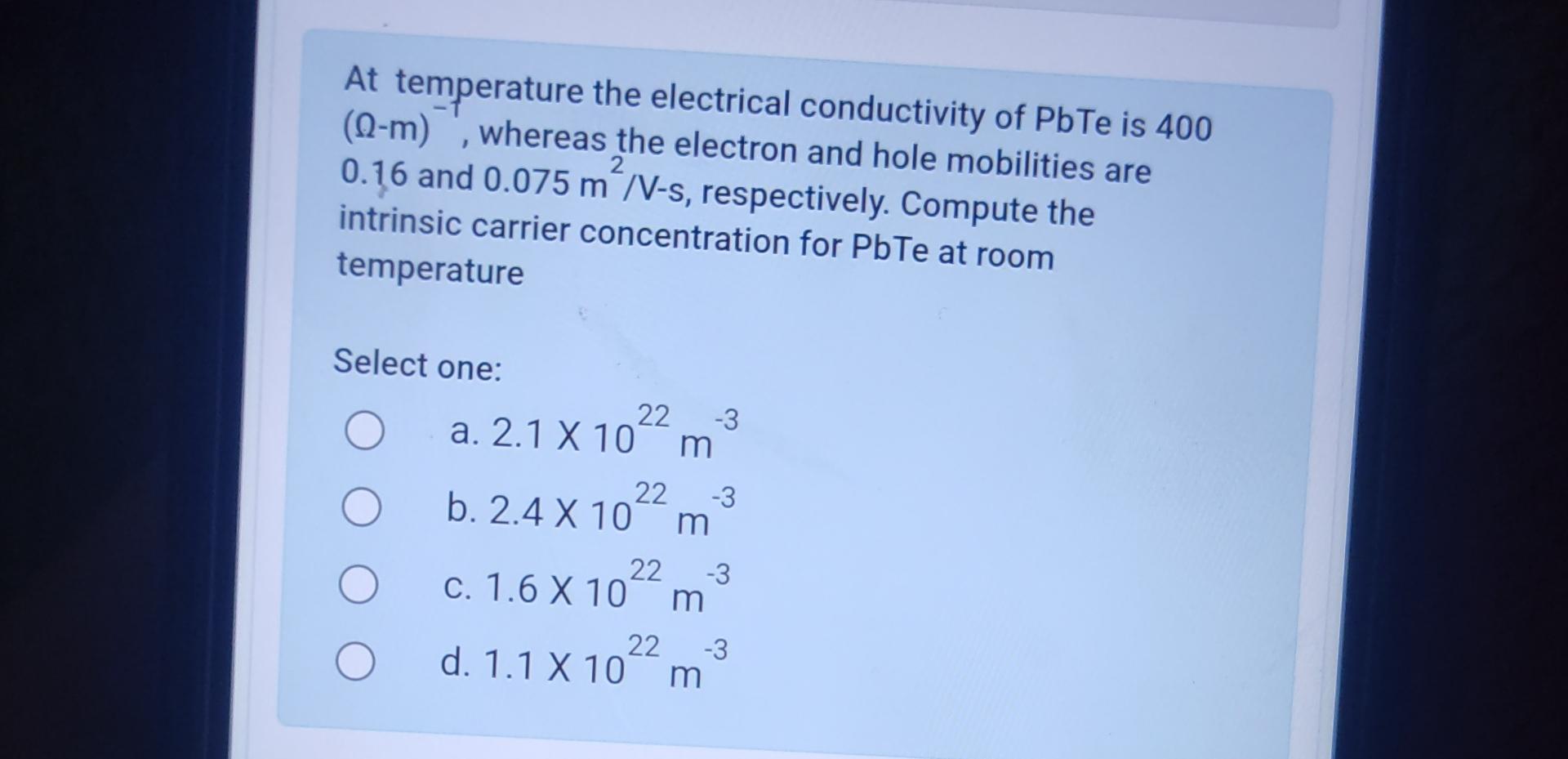 Solved At temperature the electrical conductivity of PbTe is | Chegg.com