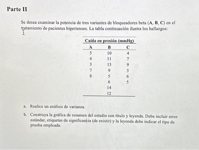 Se desea examinar la potencia de tres variantes de bloqueadores beta \( (\mathbf{A}, \mathbf{B}, \mathbf{C}) \) en el tratami