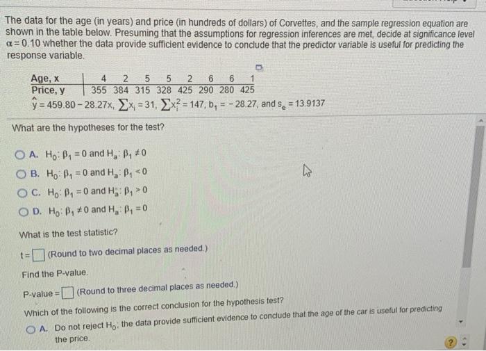 Solved The data for the age (in years) and price (in | Chegg.com