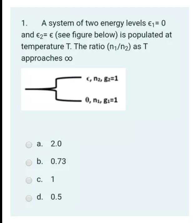 Solved 1. A system of two energy levels €1=0 and €2= € (see | Chegg.com