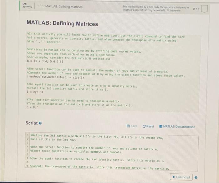 Matlab Defining Matrices