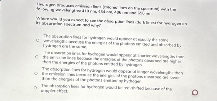 Solved Hydrogen produces emission lines (colored lines on | Chegg.com