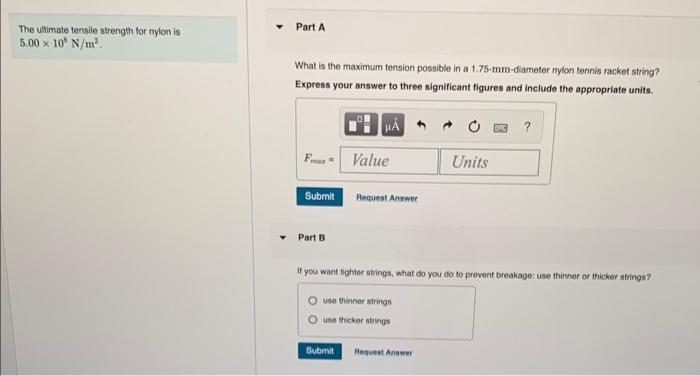 The ultimate tensile strength for nylon is
\[
5.00 \times 10^{8} \mathrm{~N} / \mathrm{m}^{2} \text {. }
\]
What is the maxim