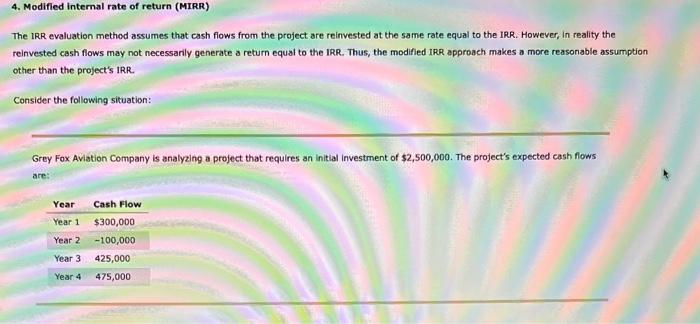 4. Modified intermal rate of return (MIRR)
The IRR evaluation method assumes that cash flows from the project are reinvested 