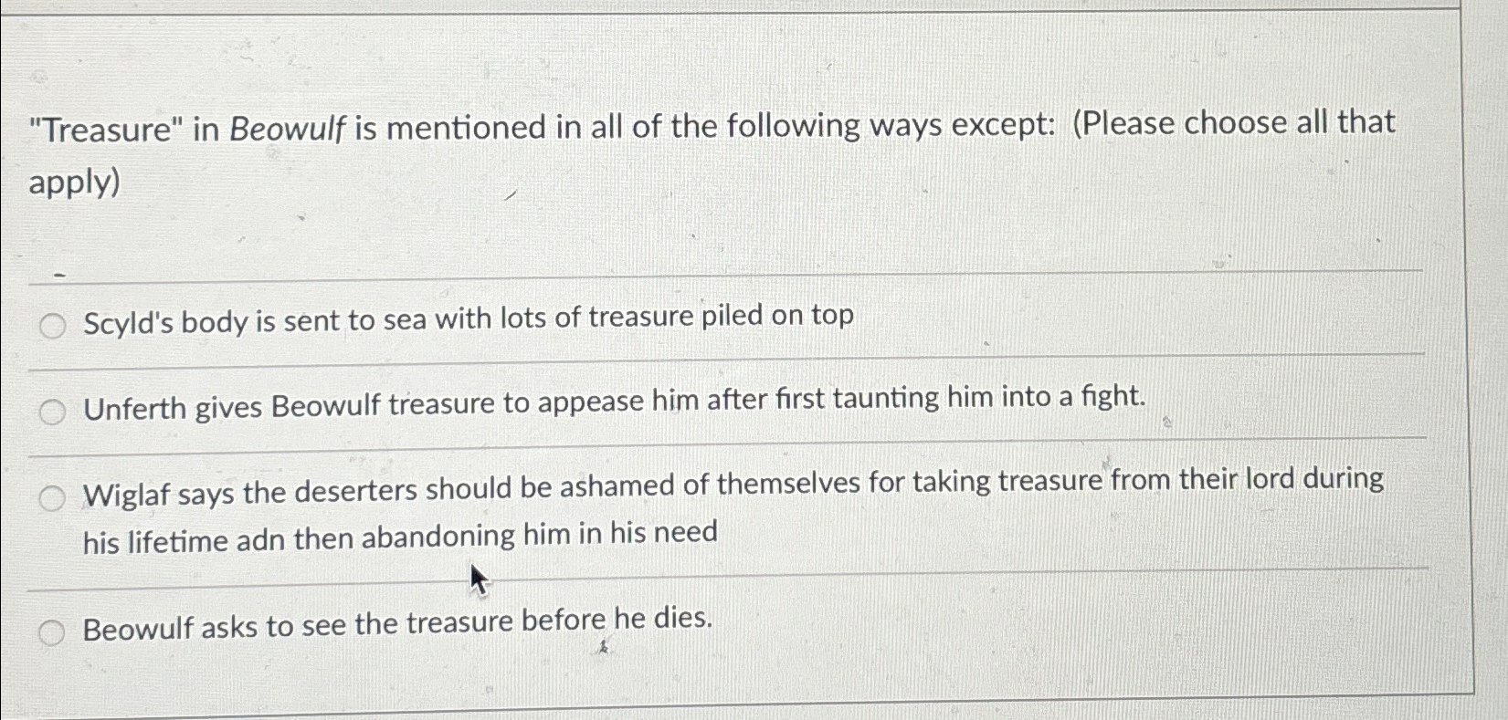 "Treasure" in Beowulf is mentioned in all of the