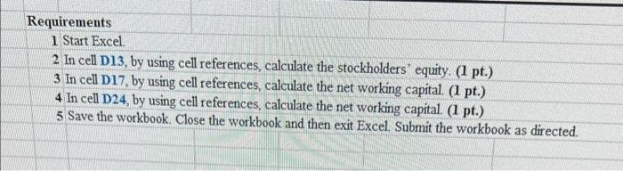 Requirements
1 Start Excel.
2 In cell D13, by using cell references, calculate the stockholders equity. ( 1 pt.)
3 In cell D