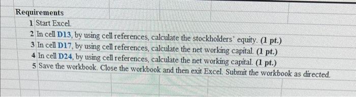 Requirements
1 Start Excel.
2 In cell D13, by using cell references, calculate the stockholders equity. ( 1 pt.)
3 In cell D