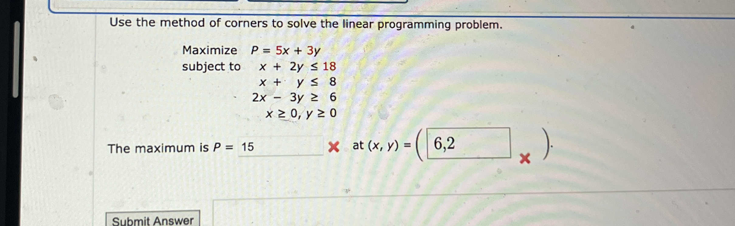 Solved Use the method of corners to solve the linear | Chegg.com