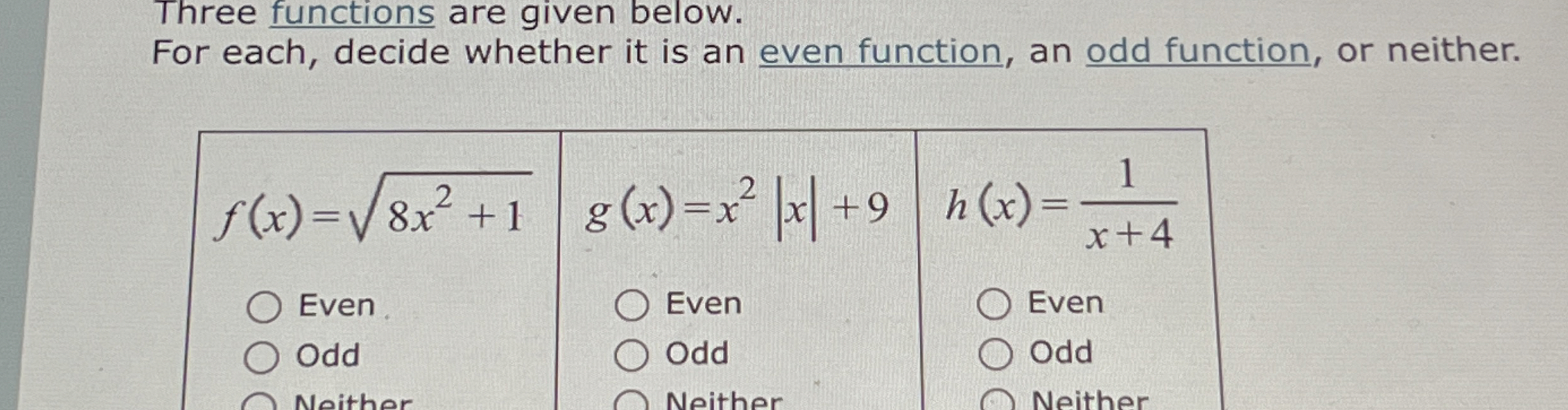 Solved Three functions are given below.For each, decide | Chegg.com