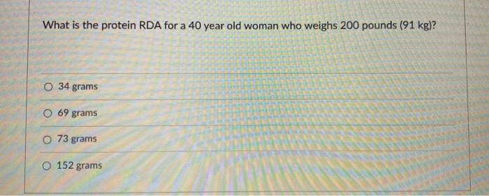 Solved What is the protein RDA for a 40 year old woman who Chegg