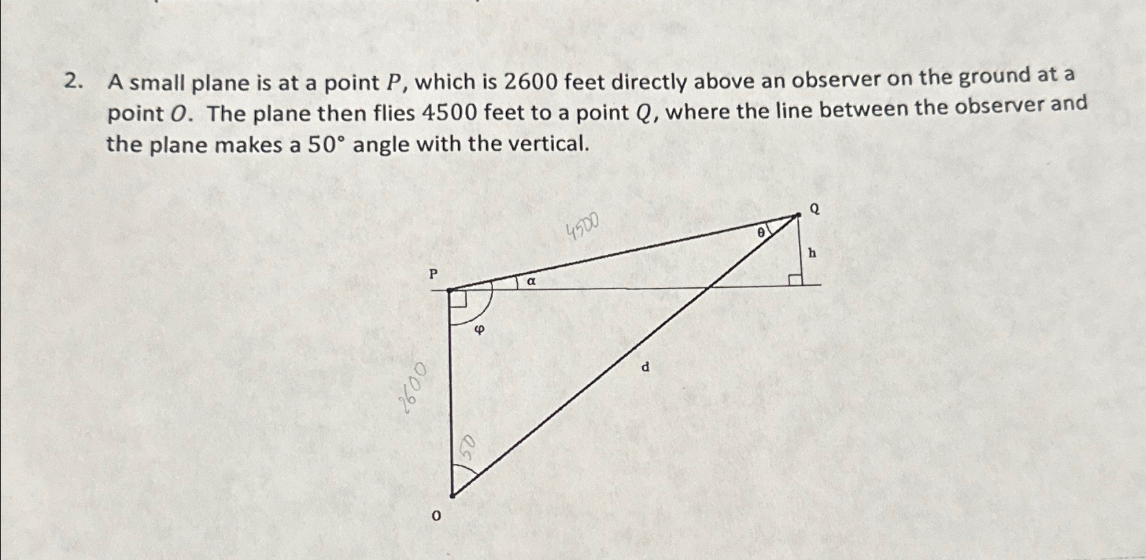 Solved A small plane is at a point P, \ufeffwhich is 2600 \ufefffeet | Chegg.com, image size:1671x817