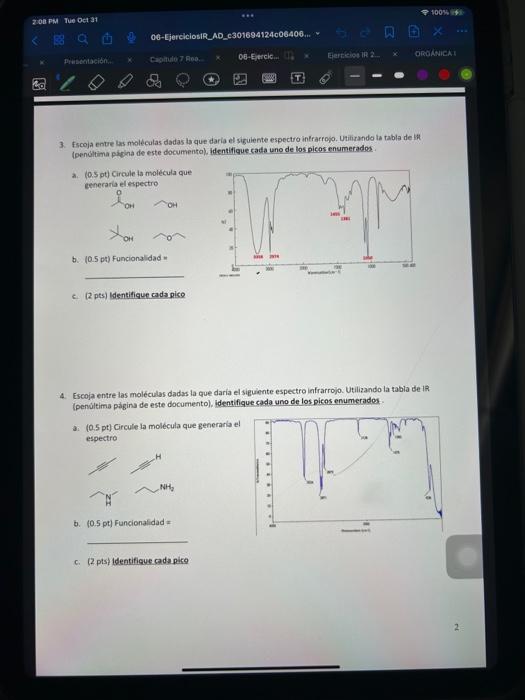 3. Escoja enve las moleculas dadas la que daria el siguiente espectro inlrarrojo. Utilirando ta tabla de in (penúlitima picha