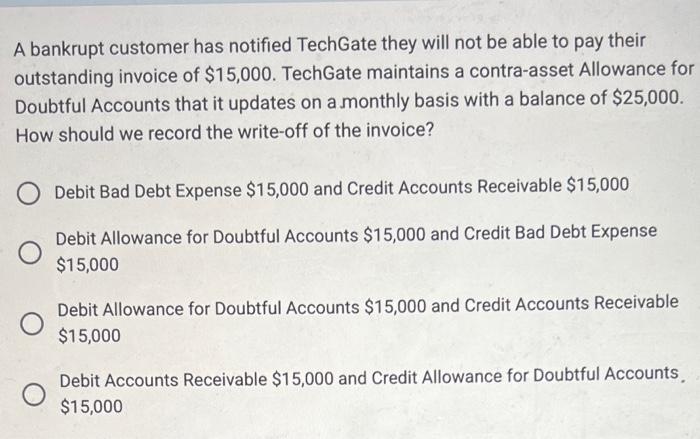 Solved bankrupt customer has notified TechGate they will not | Chegg.com