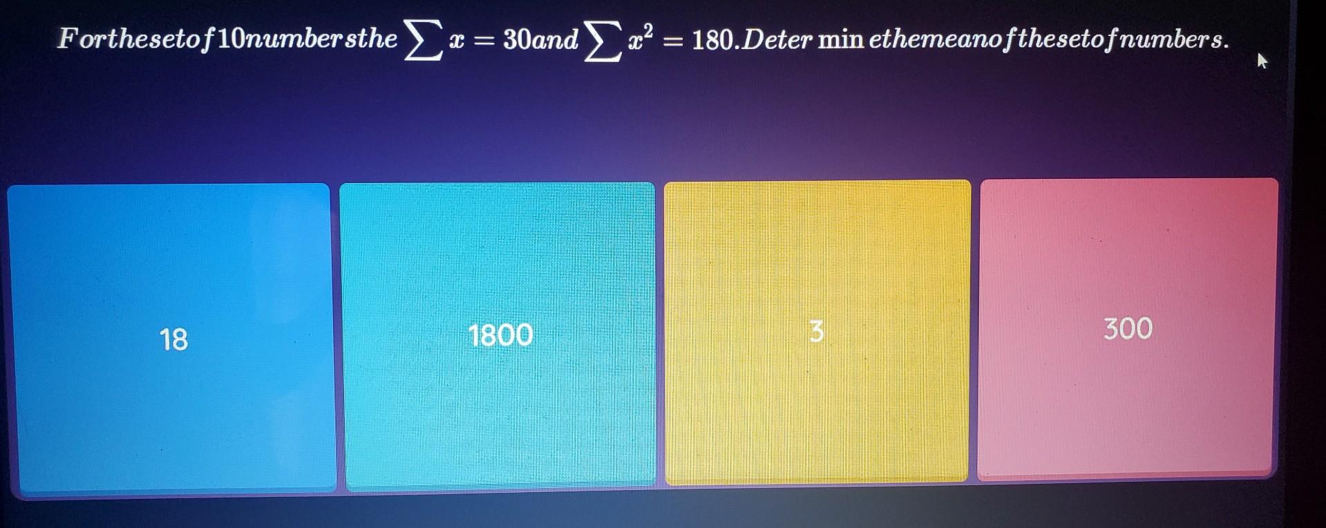 Solved Forthesetof 10 numbersthe ∑x=30 and ∑x2=180.Deter min | Chegg.com