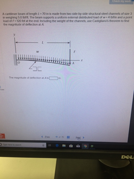 Solved Check my work A cantilever beam of length L = 70 in | Chegg.com