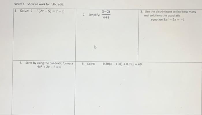 Solved Forum 1. Show all work for full credit 1. Solve: 2 - | Chegg.com