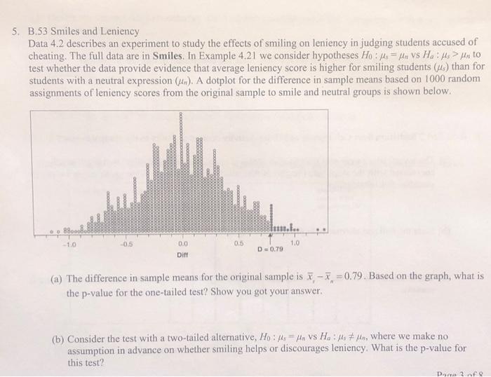 Solved 5. B.53 Smiles and Leniency Data 4.2 describes an | Chegg.com