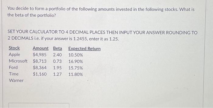 Solved You decide to form a portfolio of the following | Chegg.com