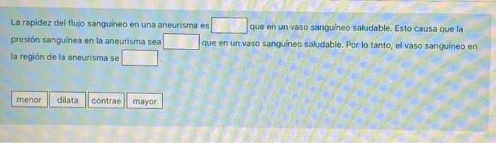 La rapidez del flujo sanguíneo en una aneurisma es que en un vaso sanguineo saludable. Esto causa que la presión sanguinea en