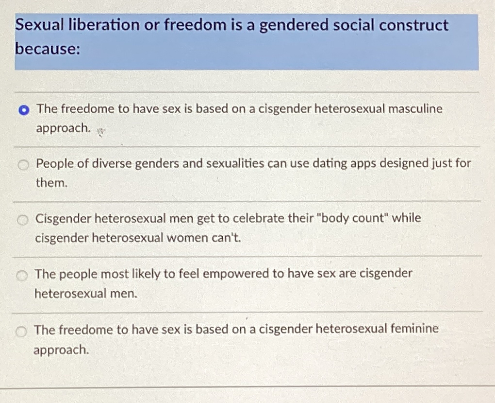 Solved Sexual liberation or freedom is a gendered social | Chegg.com