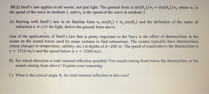 Solved S52) Snell's law applies to all waves, not just | Chegg.com