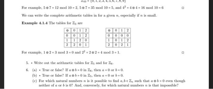 Solved 410 For example, 5 2 7 = 12 mod 10 = 2, 5® 7 = 35 mod | Chegg.com