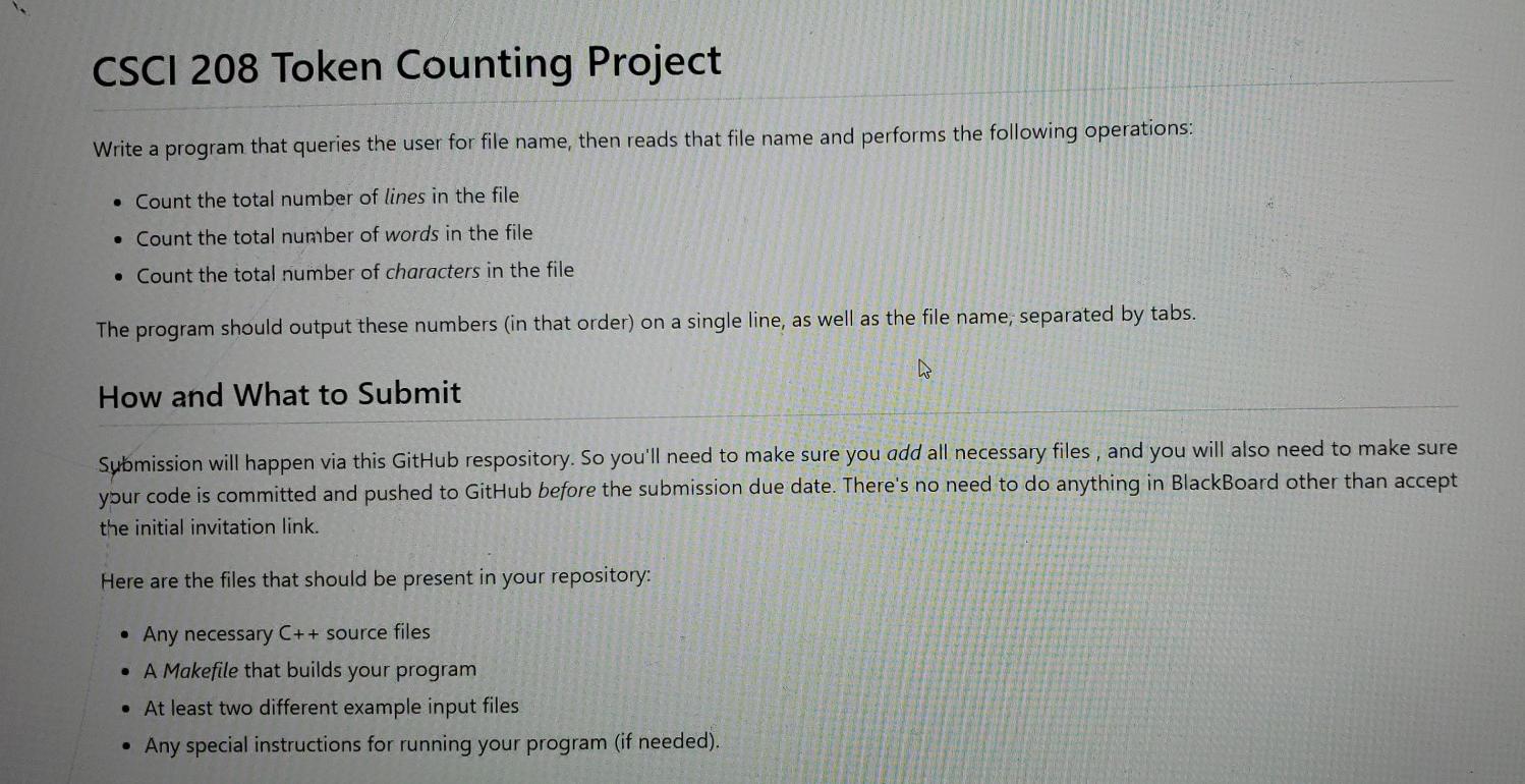 Solved CSCI 208 Token Counting Project Write a program that | Chegg.com