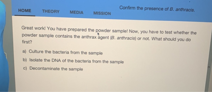 Solved Confirm the presence of B. anthracis. HOME THEORY | Chegg.com