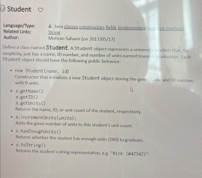 Student Language/Type: £ Java classes constructors | Chegg.com