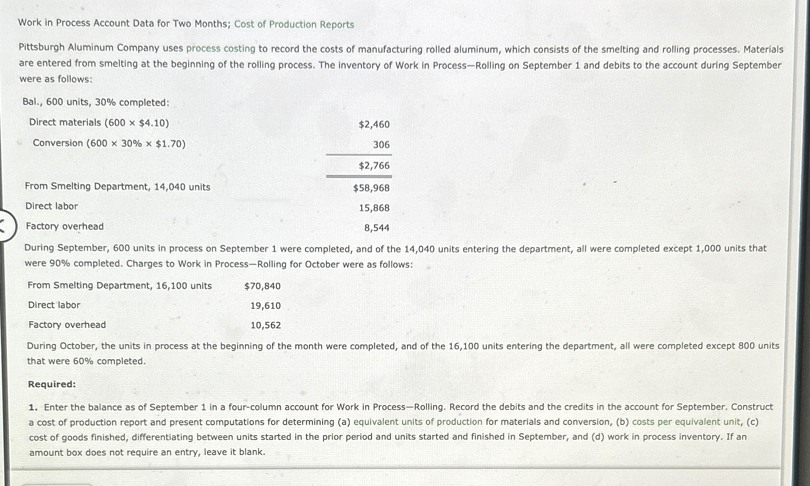 Solved Work In Process Account Data For Two Months; Cost Of | Chegg.com